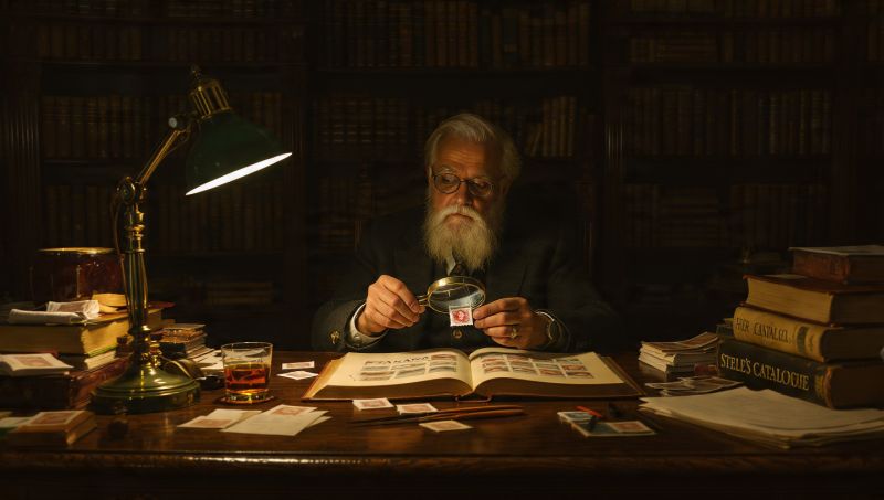 old man collecting precancel stamps Canada